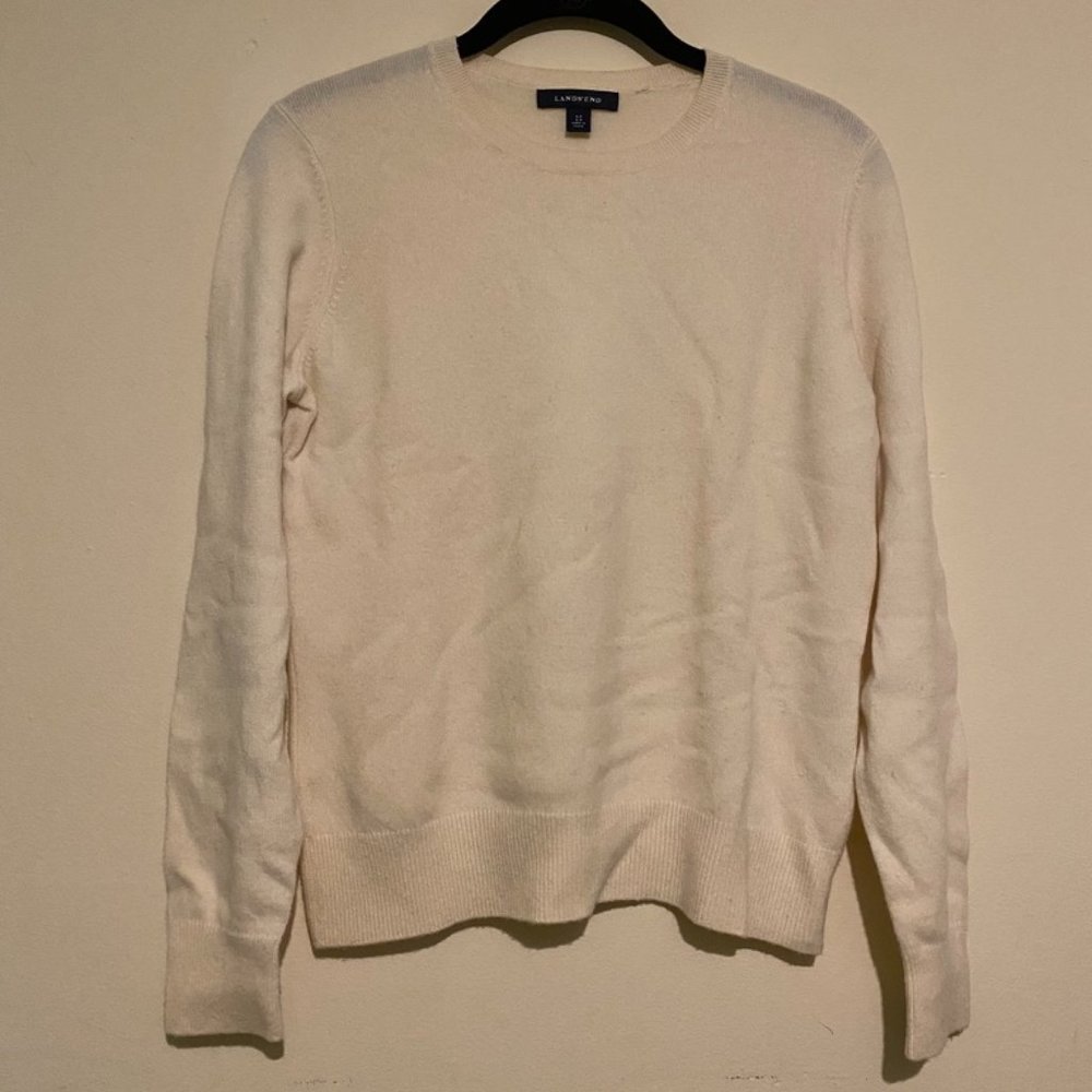 Land's End Cashmere Crewneck Sweater in Ivory, Size Small